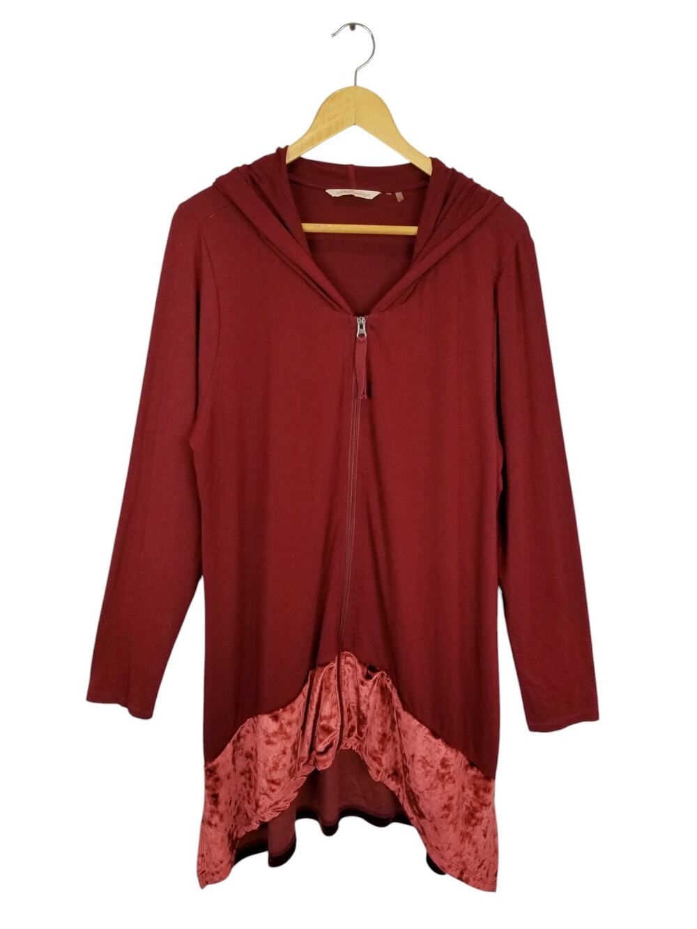 Soft Surroundings Womens Burgundy Jersey Knit Velvet Trim Hooded Cardigan Large